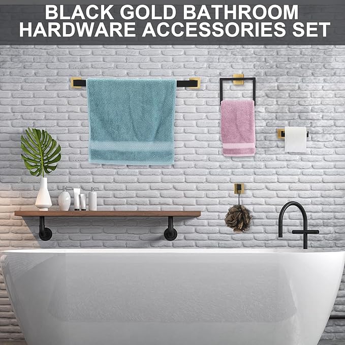 Gisafai 10 Pcs Bathroom Hardware Accessories Set 23.6 Inch Bath Towel Bar Kit Stainless Steel Bathroom Hardware Set Towel Racks Ring Hooks Paper Holder for Wall Mounted (Black Gold)