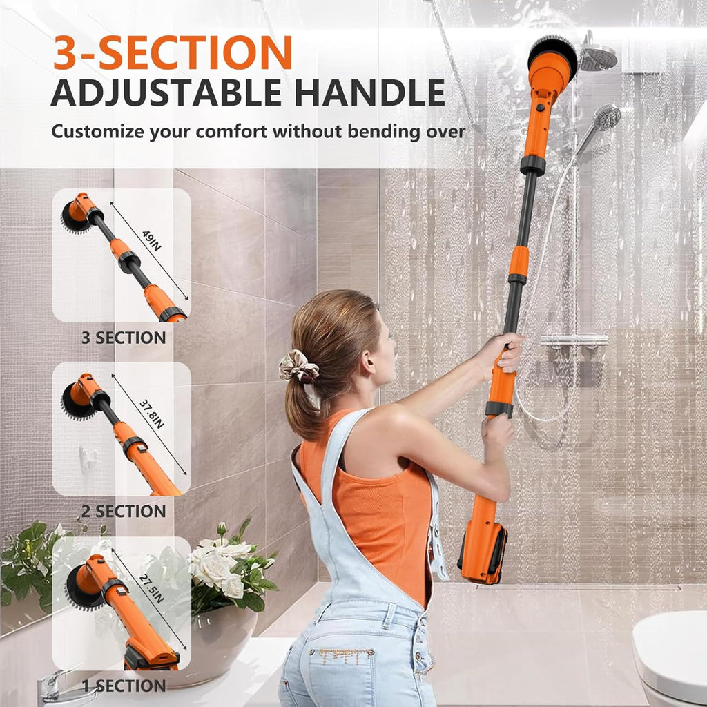 2 Battery Electric Spin Scrubber, 1000RPM Cordless Cleaning Brush Waterproof with 20V Power Supplied, Adjustable Extension Handle, 4 Replaceable Cleaning Heads, Hook, Gloves - for Tub/Tile/Wall/Floor