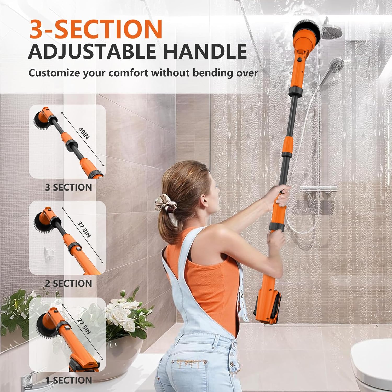 2 Battery Electric Spin Scrubber, 1000RPM Cordless Cleaning Brush Waterproof with 20V Power Supplied, Adjustable Extension Handle, 4 Replaceable Cleaning Heads, Hook, Gloves - for Tub/Tile/Wall/Floor