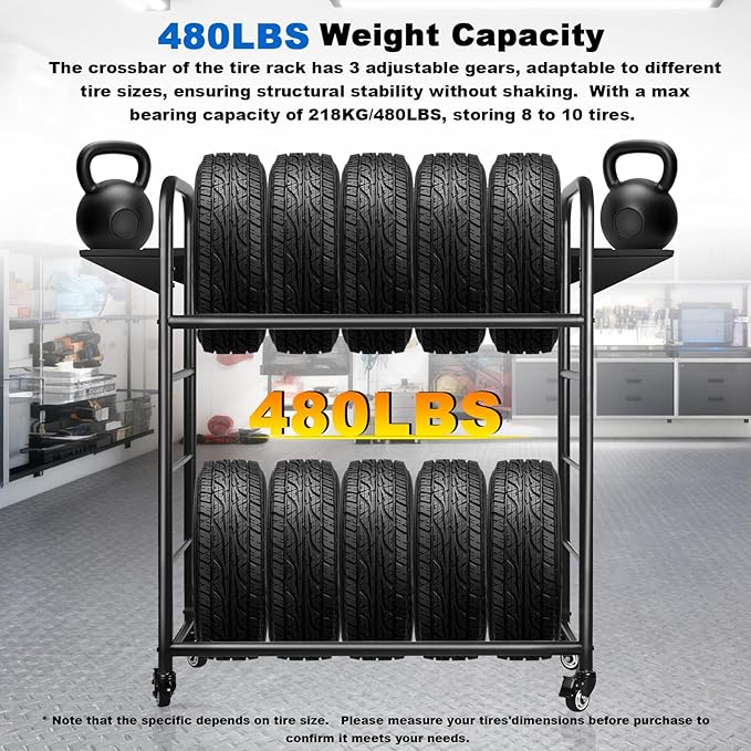 Tire Rack, 59 x 57 x 20 Inches Garage Tire Storage Stand with Storage Tray 218KG/480LBS Capacity, 2 Storage Shelf & 4 Swivel Casters Rolling Tire Storage Rack, Black