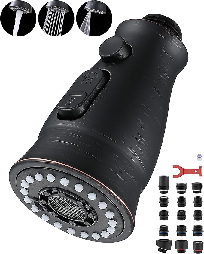 J-HVA Oil Rubbed Bronze Pull Down Kitchen Faucet Head Replacement with 15 Adapters - Kitchen Sink Faucet Spray Nozzle Head Replacement 3-Function Tap Sprayer Head for Kitchen Sink