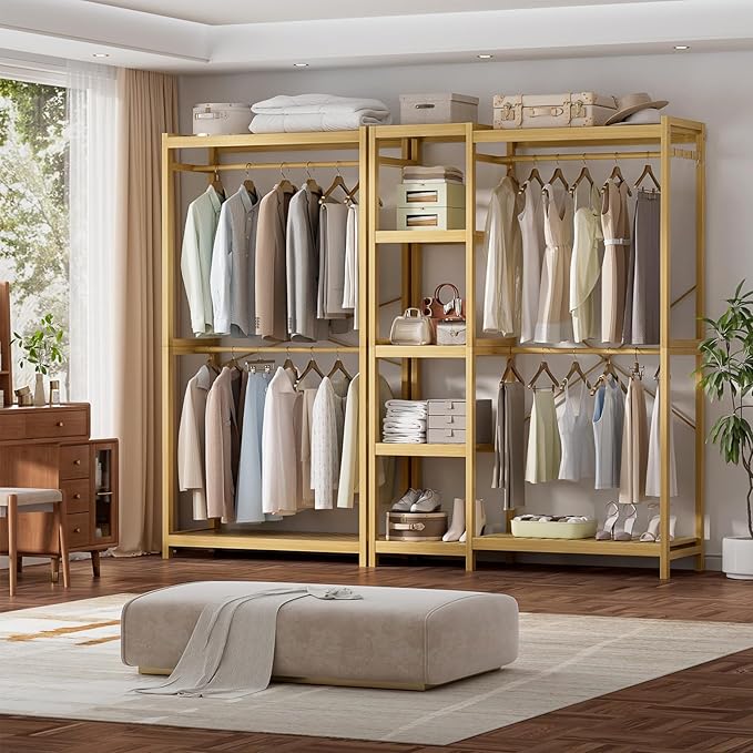 Homykic Bamboo Clothes Rack with Shelves and Double Hang Rods, Portable Closet System Garment Rack for Hanging Clothes, Tall Clothing Rack Corner Closet Organizer, Easy to Built, Natural