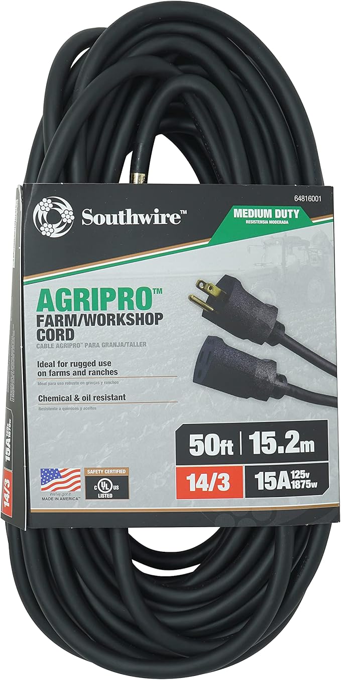 Southwire AgriPro Medium Duty Extension Cord - All-Copper Wire - Extra Durable Molded Plug - Cold Weather Rated - Oil & Chemical Resistant - UL Listed - Farm & Workshop Ready - 50 Foot