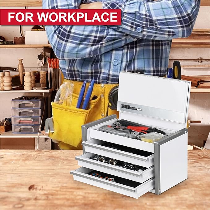 P.I.T. Mini White Tool Box, Portable 3 Drawer Steel Stackable Tool Box with Magnetic Tab Locking, White Micro Top Chest with Liner for Tools Storage and Organizers, Home DIY