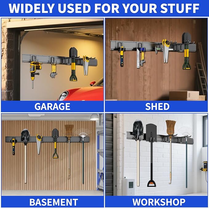 Garage Wall Organizer Wall Mount, 48inch Heavy Duty Garden Tool organizer Storage System, Easy Install With 6 Adjustable Hooks, For Garage, Basement, Shed, Workshop(Black)