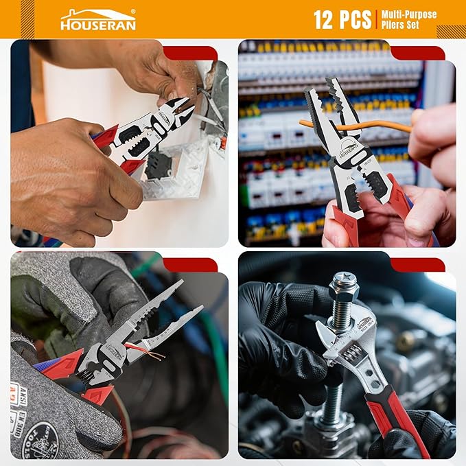 12-Piece Professional Tool Kit - Heavy Duty CRV Pliers Set, Rubber Mallet, Adjustable Wrench, Claw Hammer & Toolbox for Electrical, Household Repair, Automotive, Industries