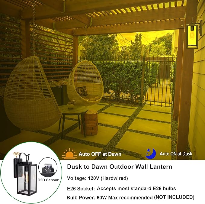LIT-PaTH Dusk to Dawn Outdoor Wall Lantern, Wall Sconce as Porch Lighting Fixture, E26 Medium Base Max 60W, Anti-Rust Metal with Glass Shade, Black, 1-Pack