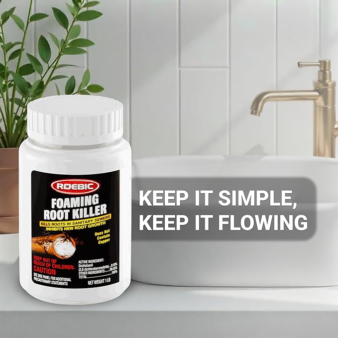 Roebic FRK Foaming Tree Root Killer, Chemical Septic System, Drain Field and Sewer Line Pipe Clog Remover and Root Destroyer, Safe for Bathroom Toilet, White Granules, 1 lb (Pack of 3)