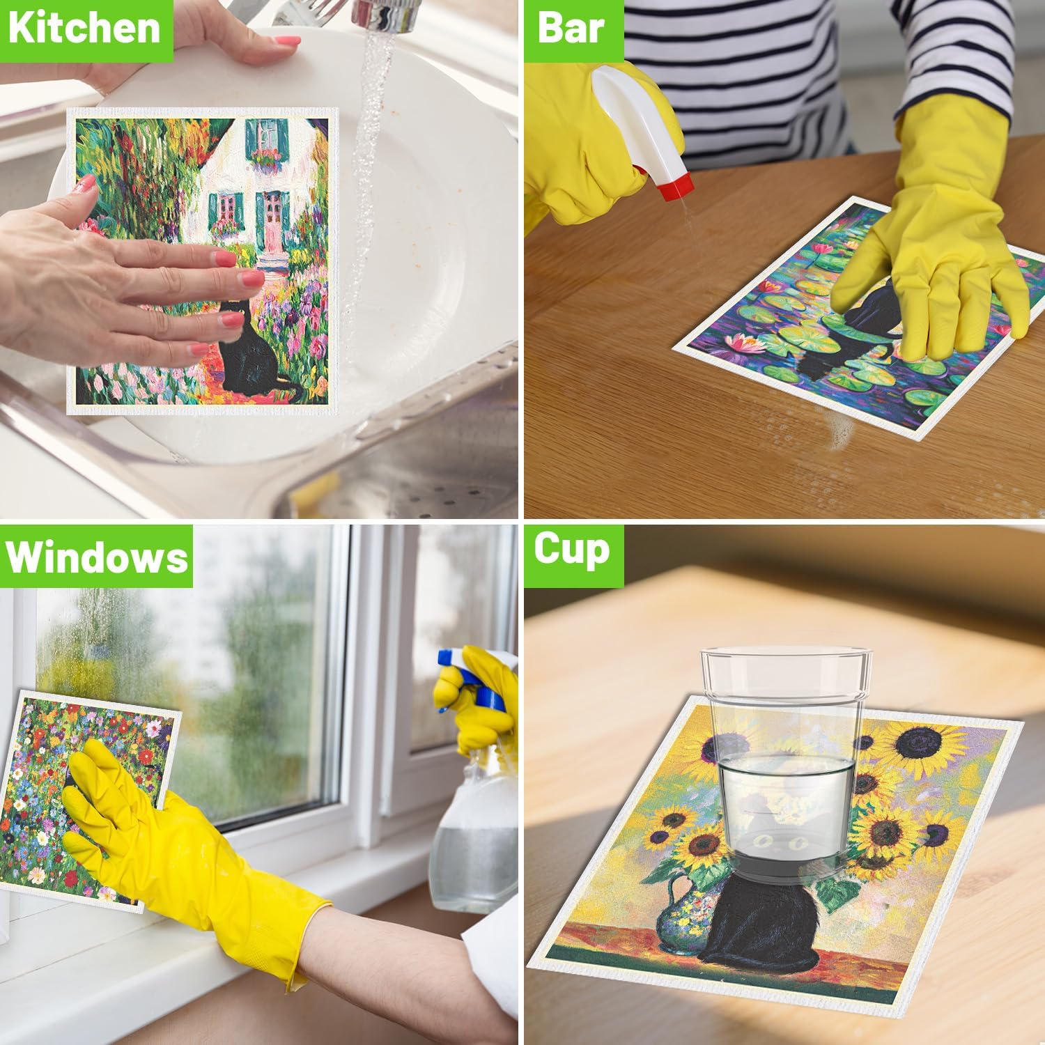 Swedish Dishcloths for Kitchen, 6 Pack Oil Painting Black Cat Reusable Paper Towels Washable, Absorbent Dish Rags for Washing Dishes Housewarming Gifts