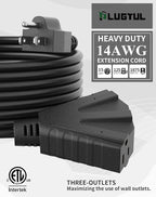 PLUGTUL 2FT Outdoor Extension Cord with Multiple Outlets, 14 Gauge, 3-Outlet, SJTW, 15A 14AWG 1875W SJTW, ETL Listed - Great for Garage, Garden and Home, Black