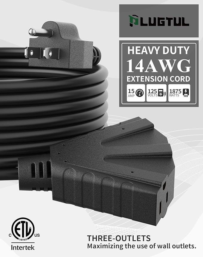 PLUGTUL 25FT Outdoor Extension Cord with Multiple Outlets, 14 Gauge, 3-Outlet, SJTW, 15A 14AWG 1875W SJTW, ETL Listed - Great for Garage, Garden and Home, Black