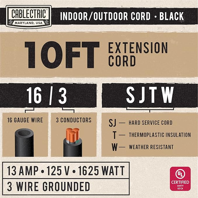 Weatherproof Black Extension Cord 10 ft, 16/3 SJTW 10 Foot Outdoor Extension Cord 3 Prong, 13 Amp Heavy Duty Exterior Power Cable Great for Outside, Landscaping & Lawn - UL Certified