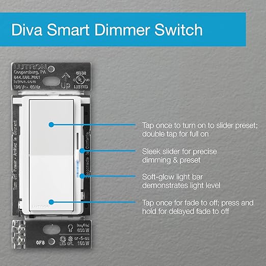 Lutron Diva Smart Dimmer Light Switch with Wallplate for Caseta Lighting (Lutron Smart Hub Required), for LED Lights, 150W, Single-Pole/3-Way, No Neutral, White (DVRFW-6L-WH-A)