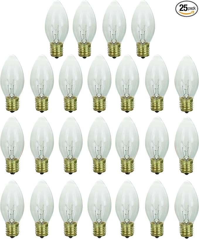 Sunlite Incandescent C9 Colored Night Light Bulb, 7 watts, 120 Volts, Intermediate E17 Screw Base, 2000 Rated Hours, Christmas-Lights Nightlight, Clear, 25 Pack