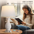 PARTPHONER Traditional Table Lamps Set of 2, Bedside Touch Lamp with USB C+A Charging Ports, Rustic Farmhouse Table Lamps for Living Room Bedroom, Side Table Lamp with White Fabric Shade, Antique Grey