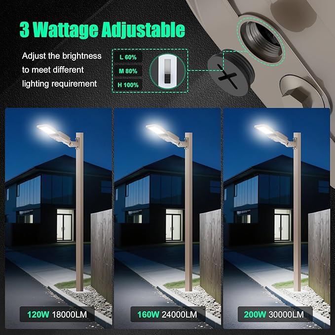 BBESTLED 200 Watts Outdoor LED Lights for Parking Lot Commercial, LED Parking lot Lights Adjustable Wattage Arm Mount Industrial UL DLC Listed 30000LM IP65 5000K 100-277VAC, LED Shoebox Pole Light