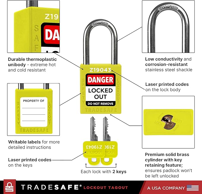 TRADESAFE Lockout Tagout Locks Set - 10 Yellow Keyed Alike Padlocks, 2 Keys Per Lock, OSHA Compliant Loto Locks