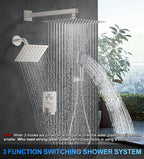 Shower Faucet Set, 10" Wall Mount Rainfall Shower System with 2 Rain Shower Head and Multi-function Handheld Head Push Button Diverter Shower Faucet Trim Kit Brushed Nickel