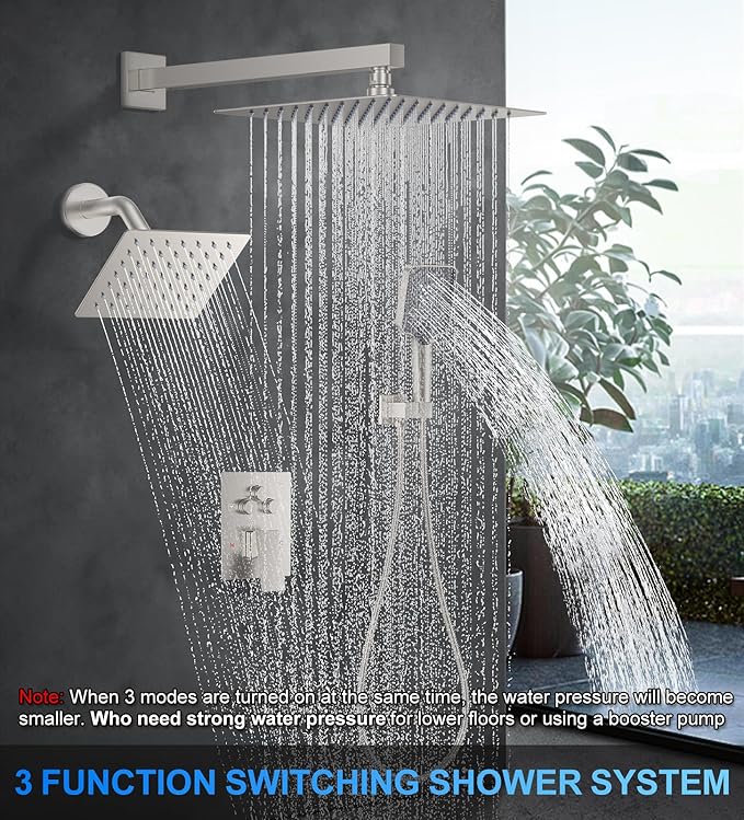 Shower Faucet Set, 10" Wall Mount Rainfall Shower System with 2 Rain Shower Head and Multi-function Handheld Head Push Button Diverter Shower Faucet Trim Kit Brushed Nickel