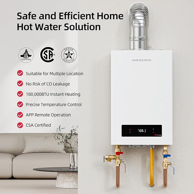 MIZUDO Tankless Water Heater Propane Indoor Direct Vent, Max 7.9 GPM, 180,000 BTU, WiFi&APP Control CSA Certified Instant Hot On Demand Water Heater for Residential Whole House, Gen 3
