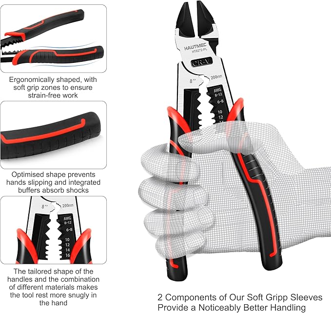 HAUTMEC 8" Diagonal Cutting Pliers, 4 in 1 Multifunction Side Cutters Pliers with Pro-High Leverage, CRV Steel Heavy Duty Wire Diagonal Cutters for Electricians, Mechanics & DIY, HT0272-PL