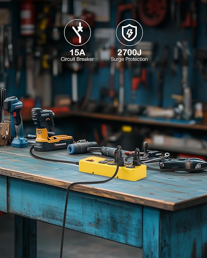 Heavy Duty Power Strip,Industrial Heavy Metal Case Surge Protector,8 AC Outlets,15Amp,2700 Joules,Protected' Indicator,14 Gauge Cord (Yellow, 10FT Length)