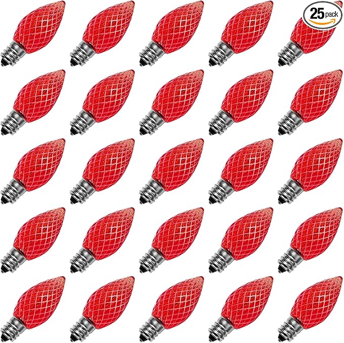Meconard C7 Led Replacement Christmas Light Bulbs, C7 Shatterproof Led Bulbs for Christmas Indoor Outdoor String Lights, E12 Candelabra Base, Commercial Grade Holiday Bulbs, Red, 25 Pack