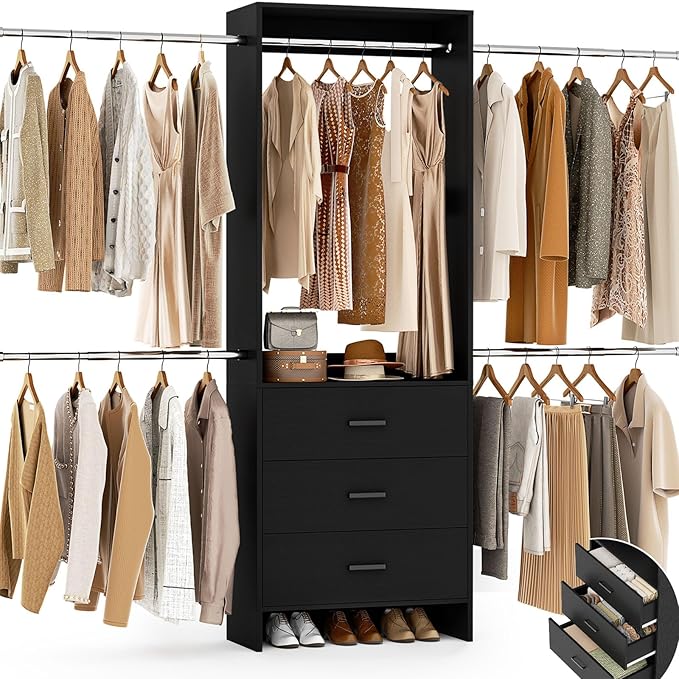 Aheaplus Closet System With 3 Wooden Drawers, Walk-in Wardrobe Organizer, Clothes Rack With 4 Hanging Rods, Garment Rack, -4R, Black