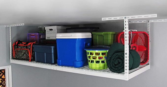SafeRacks – 3x8 Overhead Garage Storage Rack - Height Adjustable Steel Overhead Storage Rack - 500 Pound Weight Capacity (White, 24"-45")