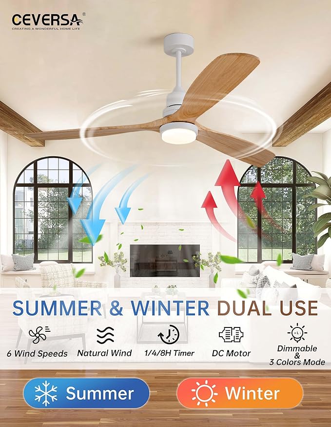 60 Inch Outdoor Natural Wood Ceiling fans with Lights and Remote, 3 Blades Wooden Dimmable Ceiling Fans,Noiseless Reversible DC Motor,Modern Fan for Patio,Living Room,Indoor,Farmhouse