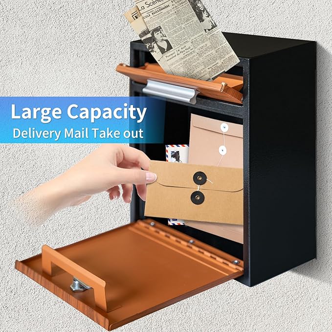 Locking Wall-Mount Mailbox, Wood Vintage Metal Mailboxes for Outside, Security Drop Box with Lock, Large Capacity Mounted Mailbox, Heavy Duty Thickened Mailbox