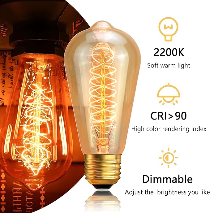 Edison Light Bulb 60W 6 Pack, ST64 Vintage E26 Incandescent Light Bulbs, 2200K Warm Dimmable Amber Spiral Filament, Antique Style Retro Glass Decorative Bulb for Table Lamp Home Office