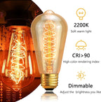 Edison Light Bulb 60W 6 Pack, ST64 Vintage E26 Incandescent Light Bulbs, 2200K Warm Dimmable Amber Spiral Filament, Antique Style Retro Glass Decorative Bulb for Table Lamp Home Office