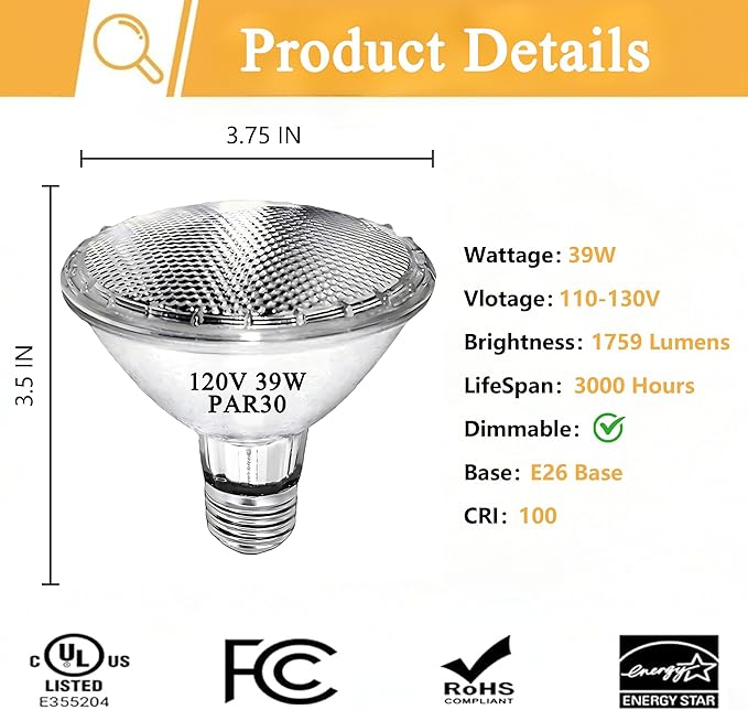 Par30 39W Short Neck Halogen Flood Light Bulbs, 120V 2700K Warm White Dimmable High Brightness, E26 Base, Great for Accent Lighting, Tracking Light, Recessed Light Bulb, 6pcs