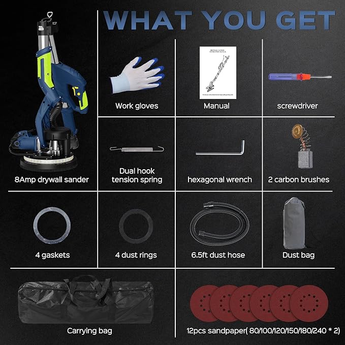 Drywall Sander, 2025 Upgraded 8-Amp Popcorn Ceiling Removal Tool with 7 Variable Speed 800-1800RPM, Drywall Sander with Vacuum Dust Collector with Extendable Handle, LED Light,12pcs Sanding Discs,Blue