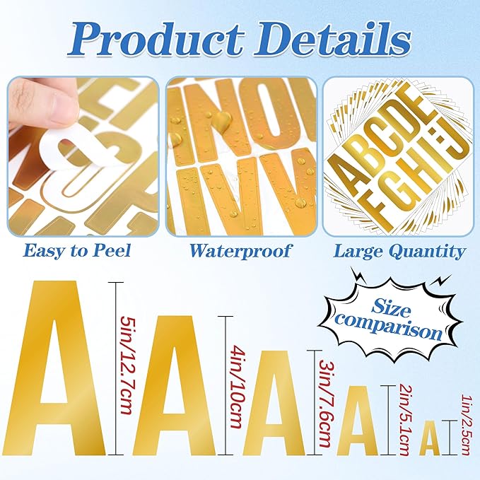 441 PCS 42 Sheets Letter Stickers Large Mailbox Numbers and Letters Self Adhesive Vinyl Waterproof Alphabet Number Stickers for Mailbox House Address,Crafts,Car, Poster,Classroom Decor (4 Inch,Gold)