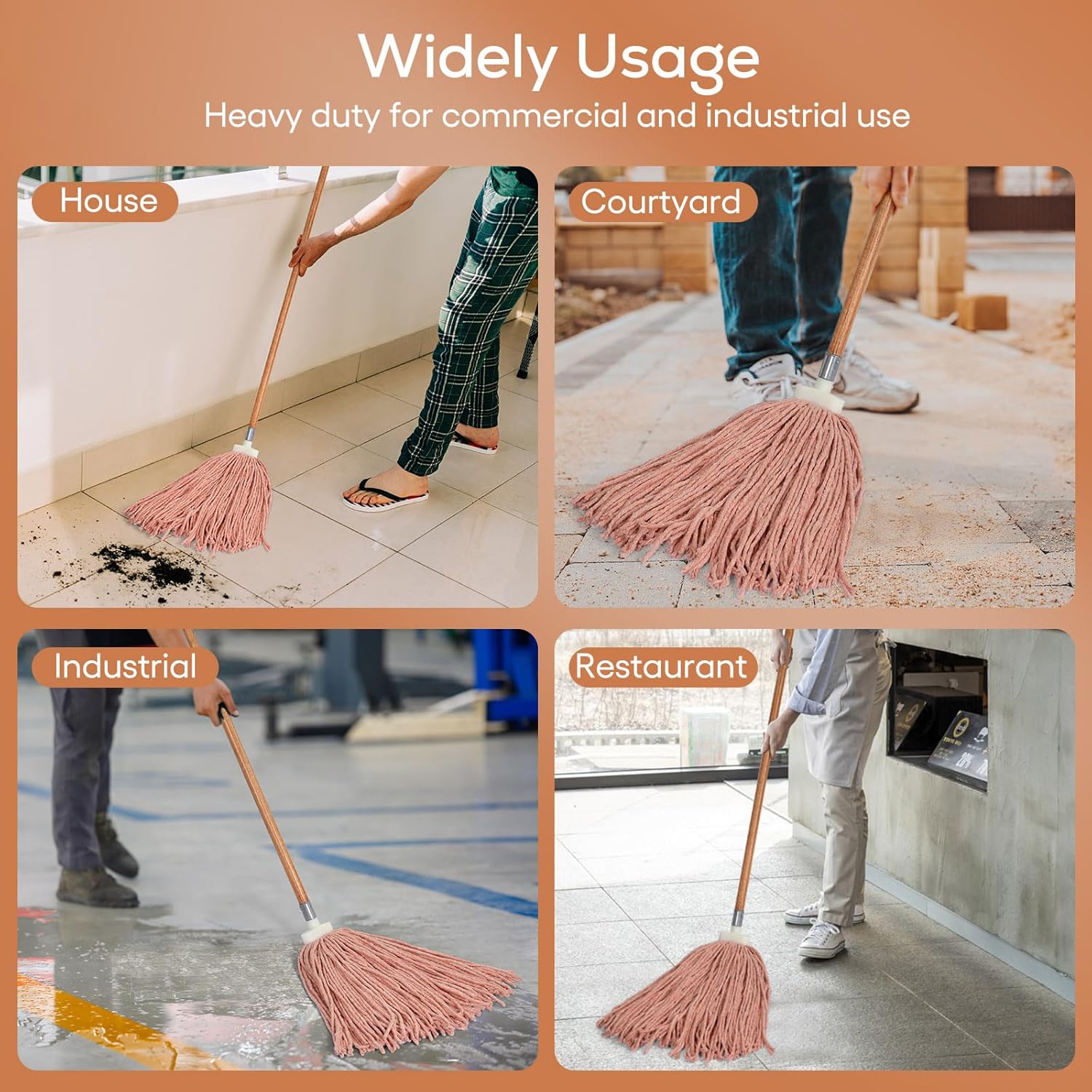 Matthew Cleaning Screw-on Heavy Duty Cotton Wet Mop Replacement Heads(Orange, Medium,12 Pack) with 2 Pack Microfiber Cloth for Residential & Commercial Floor Cleaning Use- Fit Standard American Screw