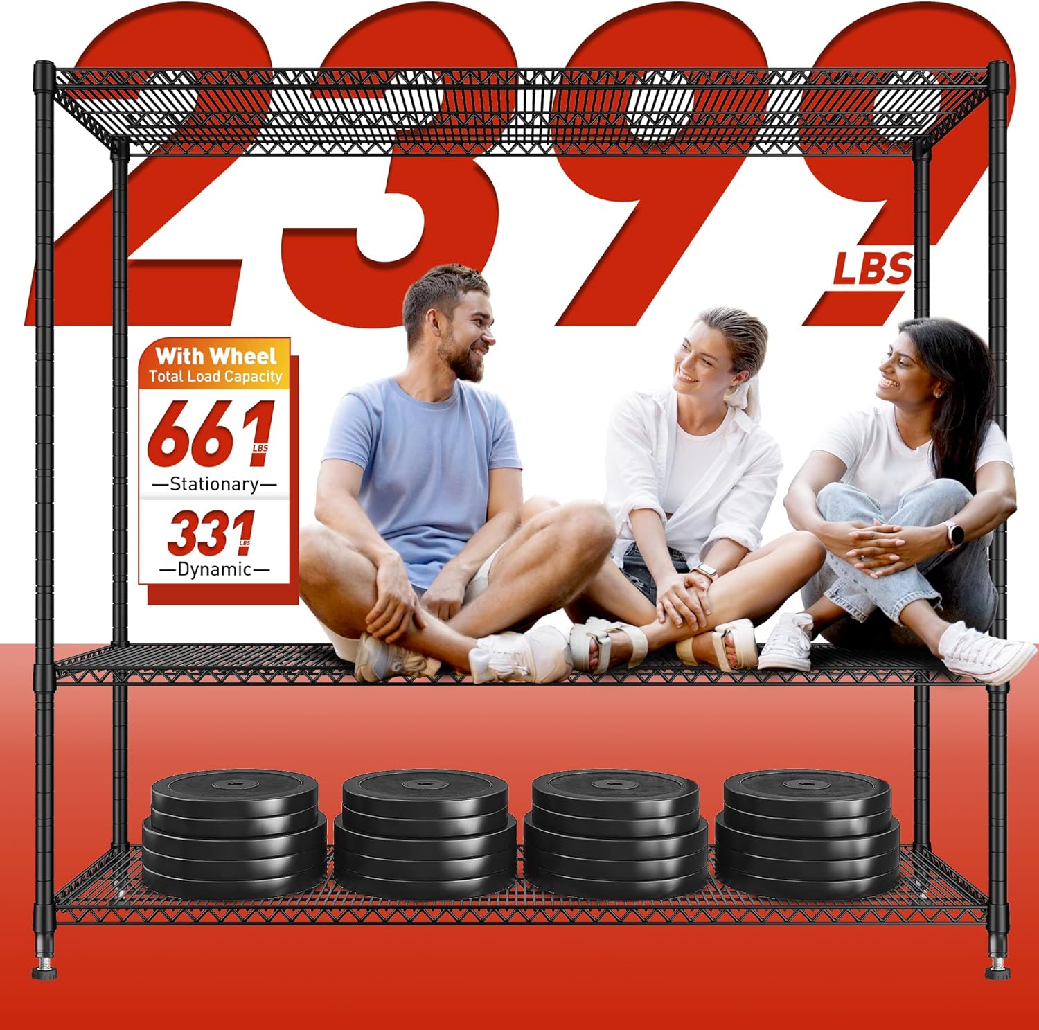 REIBII 60''W Storage Shelves 2399LBS Garage Shelving Heavy Duty with Wheels & Feet, 4 Tier Wire Shelving Adjustable Metal Shelving for Pantry Garage Kitchen Commercial Industrail, 60"W x 18"D x 65.5"H