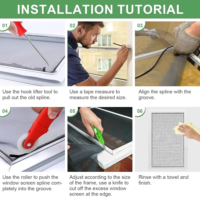 Window Screen Repair Kit, Screen Door Repair Kit, 0.14"X100' Screen Spline for Window Screen, 5 in 1 Screen Replacement Kit, Screen Roller Tool Round Retainer Spline Removal Hook Ruler Cutter