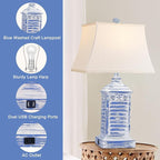 Coastal Table Lamps for Bedrooms Set of 2 Farmhouse Bedside Lamp for Living Room Modern 3-Color Temperature Blue Washed Nightstand End Tables Lamp with USB Ports and AC Outlet (Bulbs Included)