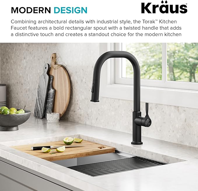 KRAUS Torak Pull Down Kitchen Faucet in Matte Black with 2 Function Sprayer, Pre-Attached Water Lines, and Mounting Hardware, KPF-2841MB
