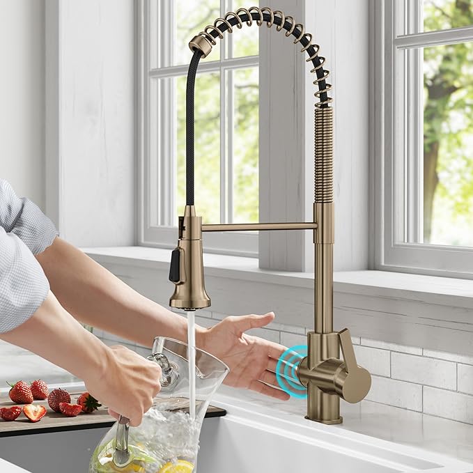 KRAUS Britt Touchless Sensor Commercial Single Handle Pull Down Kitchen Faucet in Spot Free Antique Champagne Bronze, KSF-1691SFACB