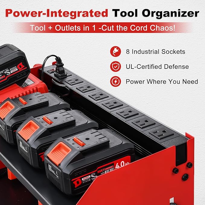 3 layers power tool organizer Loads 150lbs with 4 Cordless Drill Holder and 8 Outlet Power Strip,it’s good choice for husband birthday gift,red