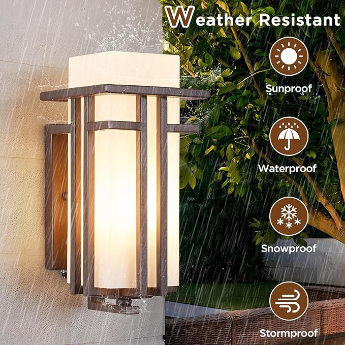 Oil Rubbed Bronze Porch Light Dusk to Dawn Outdoor Sconce Matte Brown Wall Lantern with Frosted Glass Outside House Lighting Waterproof Exterior Light Fixture for Patio Yards Garage Front Door