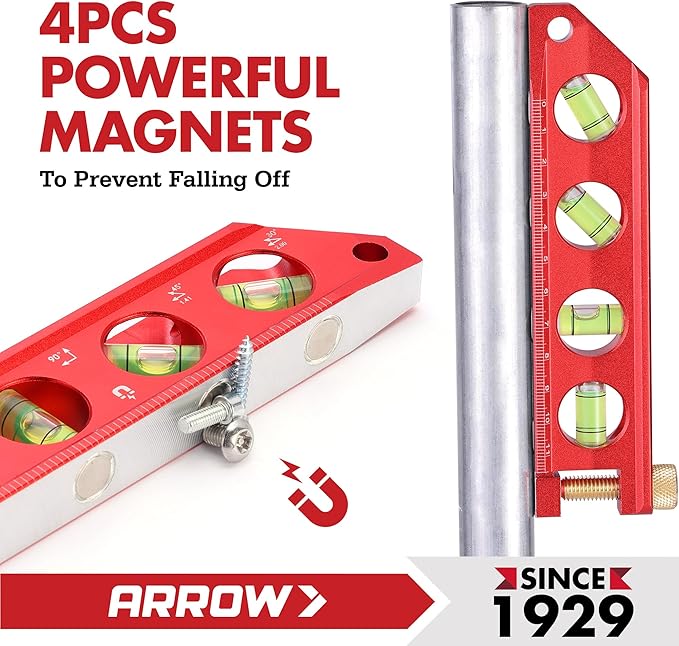 ARROW 6.3-Inch Torpedo Level, Magnetic Leveler with 0°/30°/45°/90° Bubbles, Top-view Windows, Aluminium Alloy Frame, Dual Metric and SAE Scales