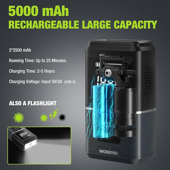WORKPRO Portable Tire Inflator, 7.2V/12V Small/Mid/Large Air Compressor, Digital Display, Auto Shut-Off, 5 Modes, LED Light, High Airflow, for Car, Motorcycle, Bike, Balls