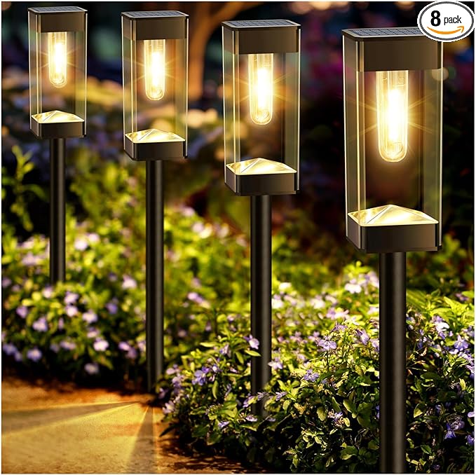 Bright Solar Pathway Lights Outdoor 8 Pack Solar Lights Outdoor LED Waterproof with 3000K Tungsten Filament Bulb Landscape Lighting for Yard, Driveway, Garden, Walkway, Lawn, Path