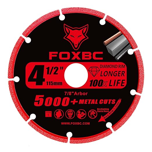 FOXBC 4-1/2 Inch Diamond Cutting Wheel Metal Cut Off for Angle Grinder, 5000+ Cuts on Rebar, Stainless Steel, Angle Iron, 7/8" Arbor - 3 Pack
