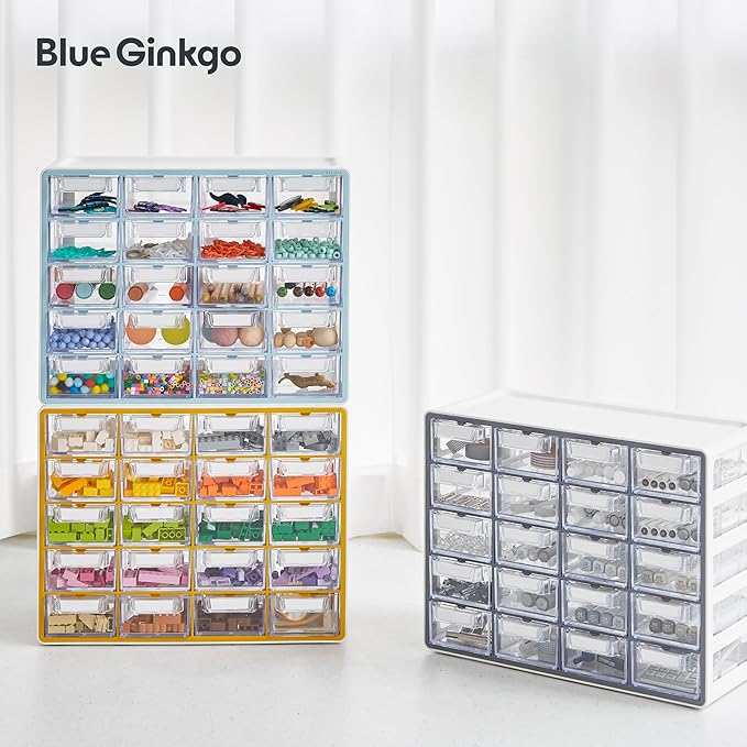 Blue Ginkgo Small 20-Drawer Cabinet – Stackable Clear Organizer for Hardware, Beads, Plastic Bricks, Office, and Craft Storage (Made in Korea, Yellow)