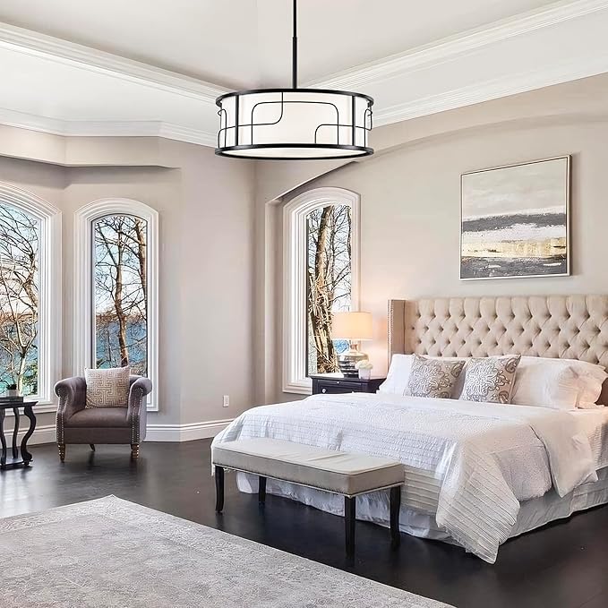 Drum Chandelier - Black and White Linear Design Adjustable Pendant Light for Dining Room, Kitchen Island, Living Room, Foyer (19.68", 5 Lights)